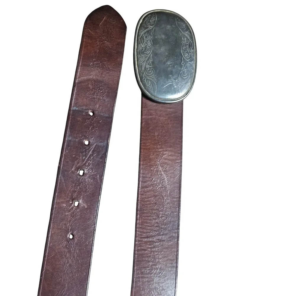 Abercrombie & Fitch Floral Embossed Leather Belt Silver Oval Buckle S Western